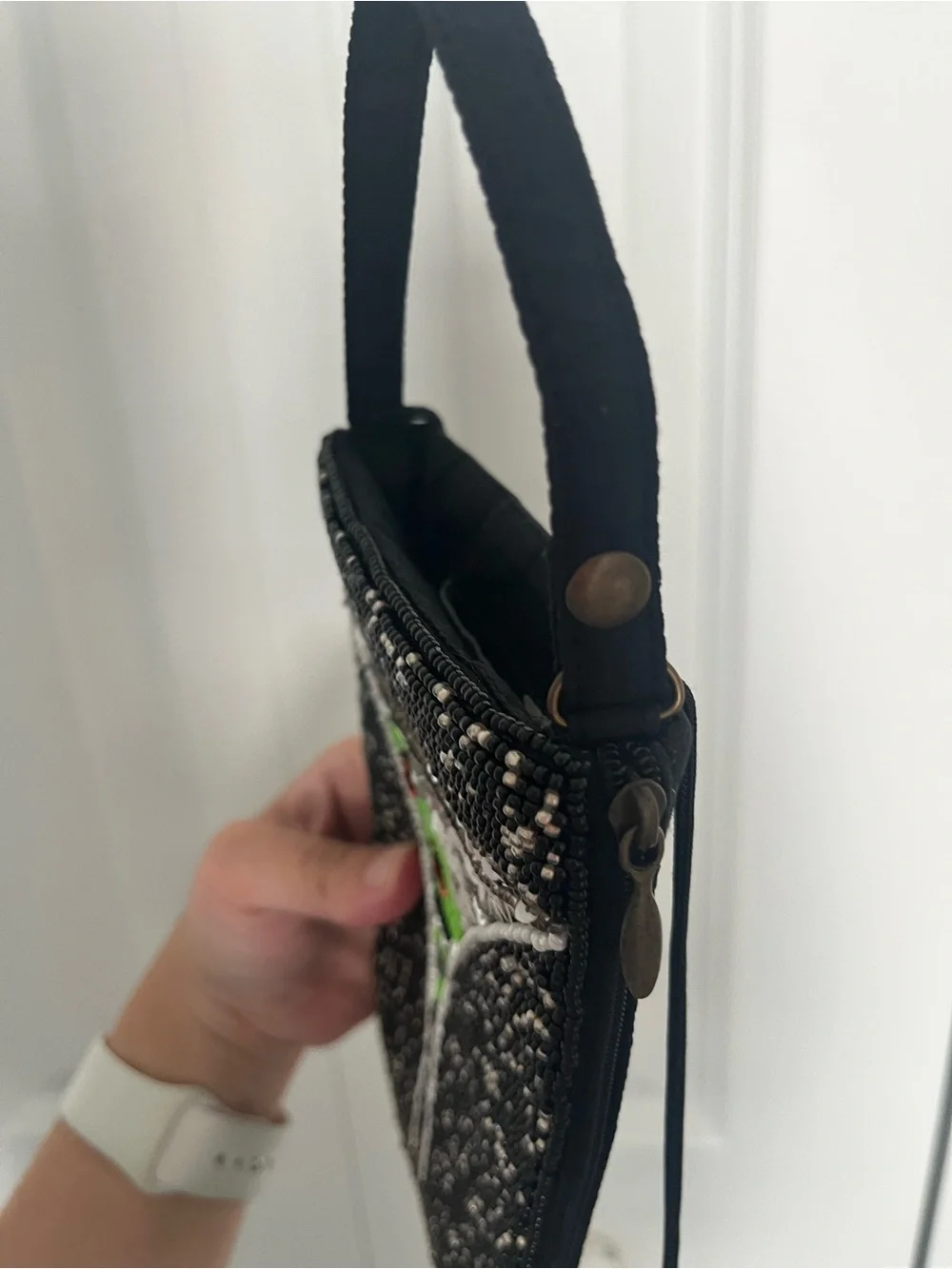 Beaded Wristlet with Olive Martini Cocktail, Black, Silver, Lime and Red